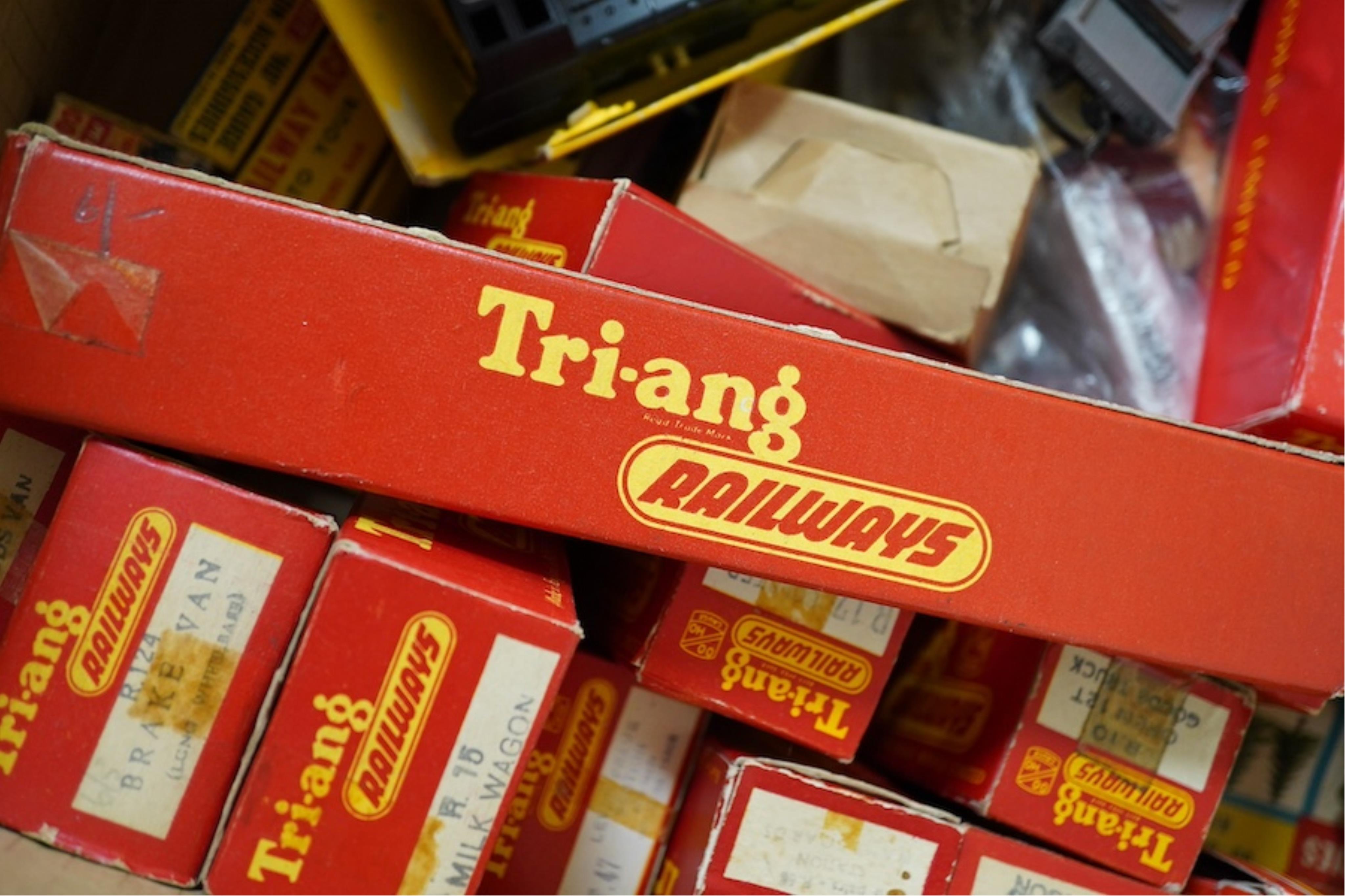 A quantity of mainly boxed Tri-ang 00 gauge railway items including; a BR Princess Royal Class locomotive, freight wagons, ticket office, etc. together with some trackside accessories and figures, etc., in Merit boxes. C